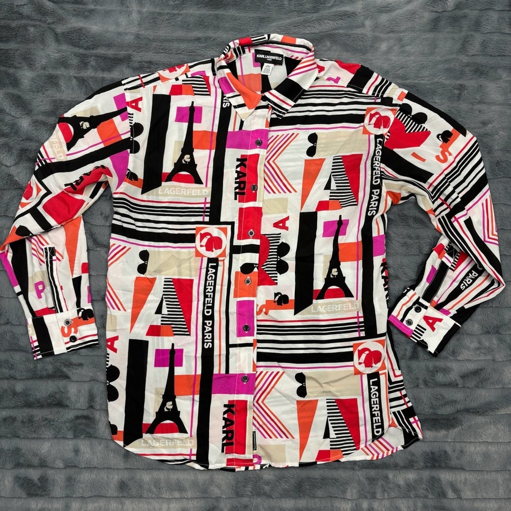 Karl Lagerfeld Paris Womens Eiffel Tower Graphic Print Button Down Shirt Medium